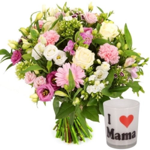 Mother's Day bouquet + tea light I love mom (Mothers Day bouquet worth + i love mama tea light)